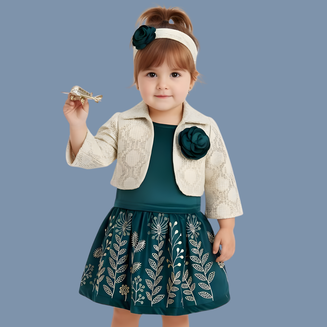 Teal Pleated Skirt Set with Cream Crochet Jacket For Girls