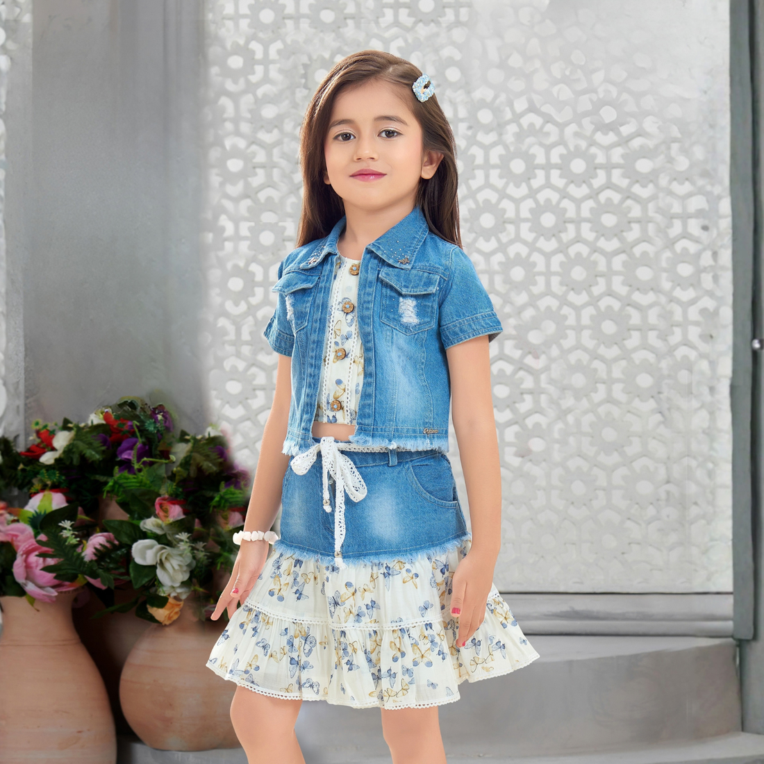 Girls Denim Skirt Top Fancy Jacket Set