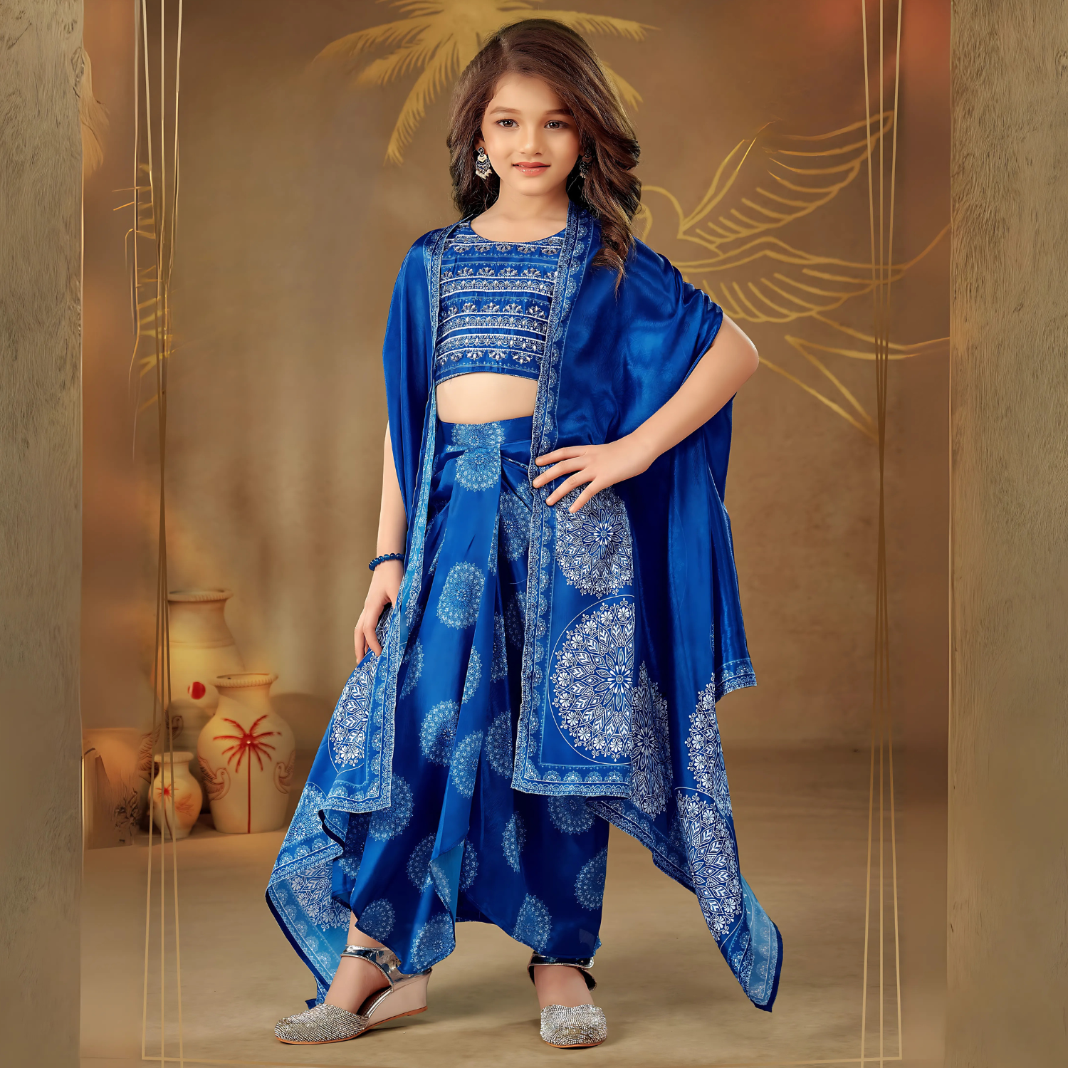 Girls Embroidered Thread Work Top With Dhoti Pants & Dupatta