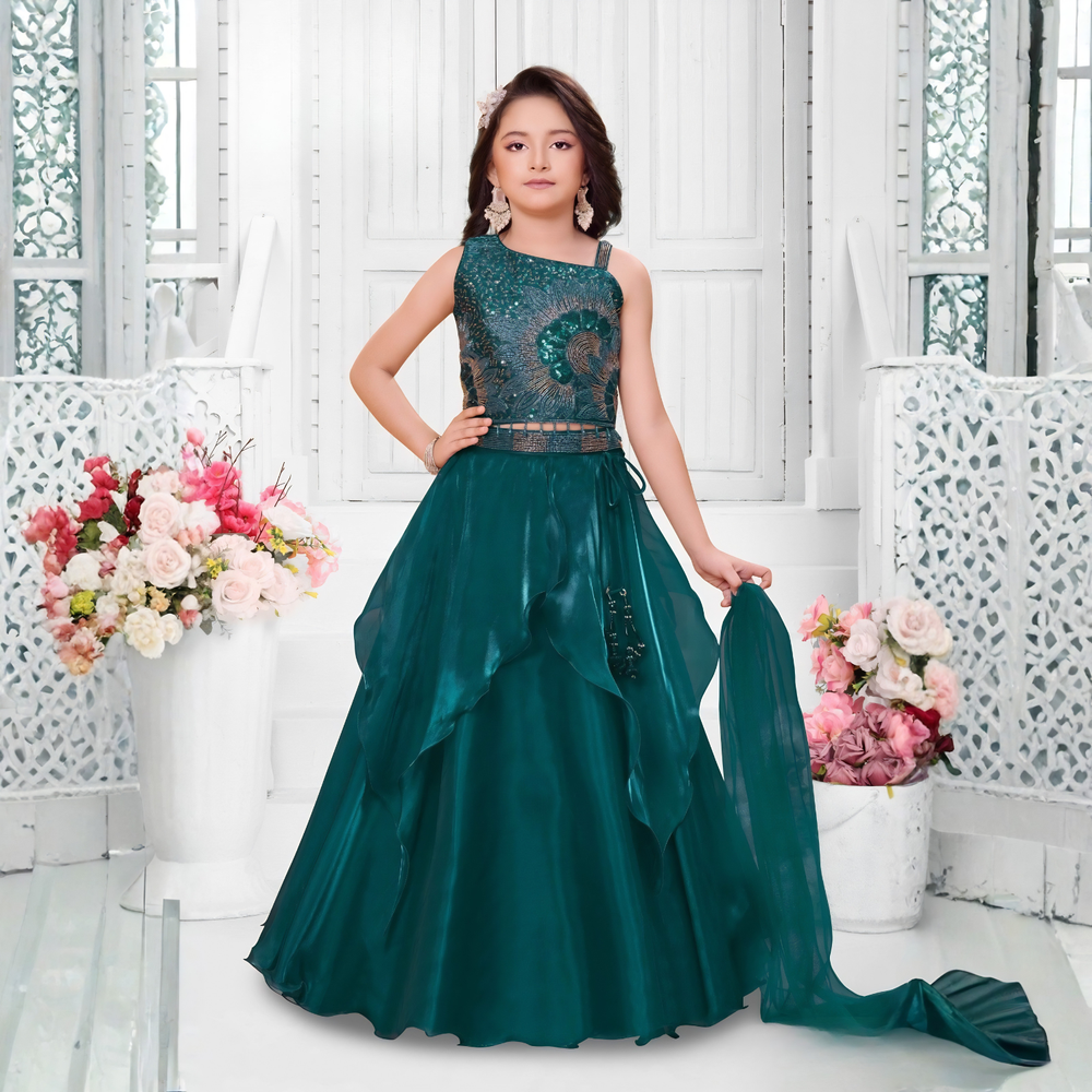 Girls Wedding Wear Green Lehenga Choli Set With Dupatta