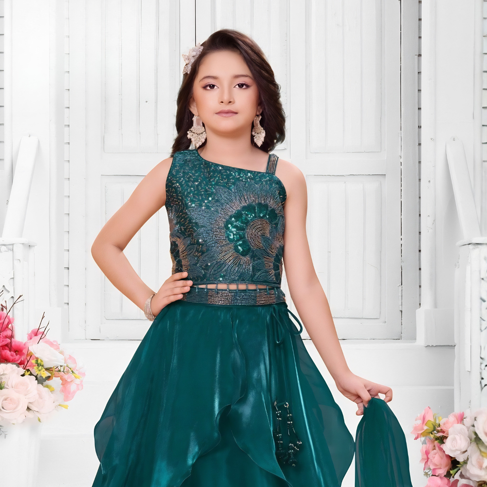 Girls Wedding Wear Green Lehenga Choli Set With Dupatta