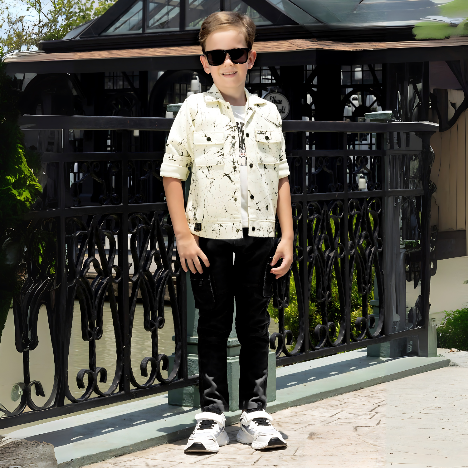 Boys White Printed Full Suit