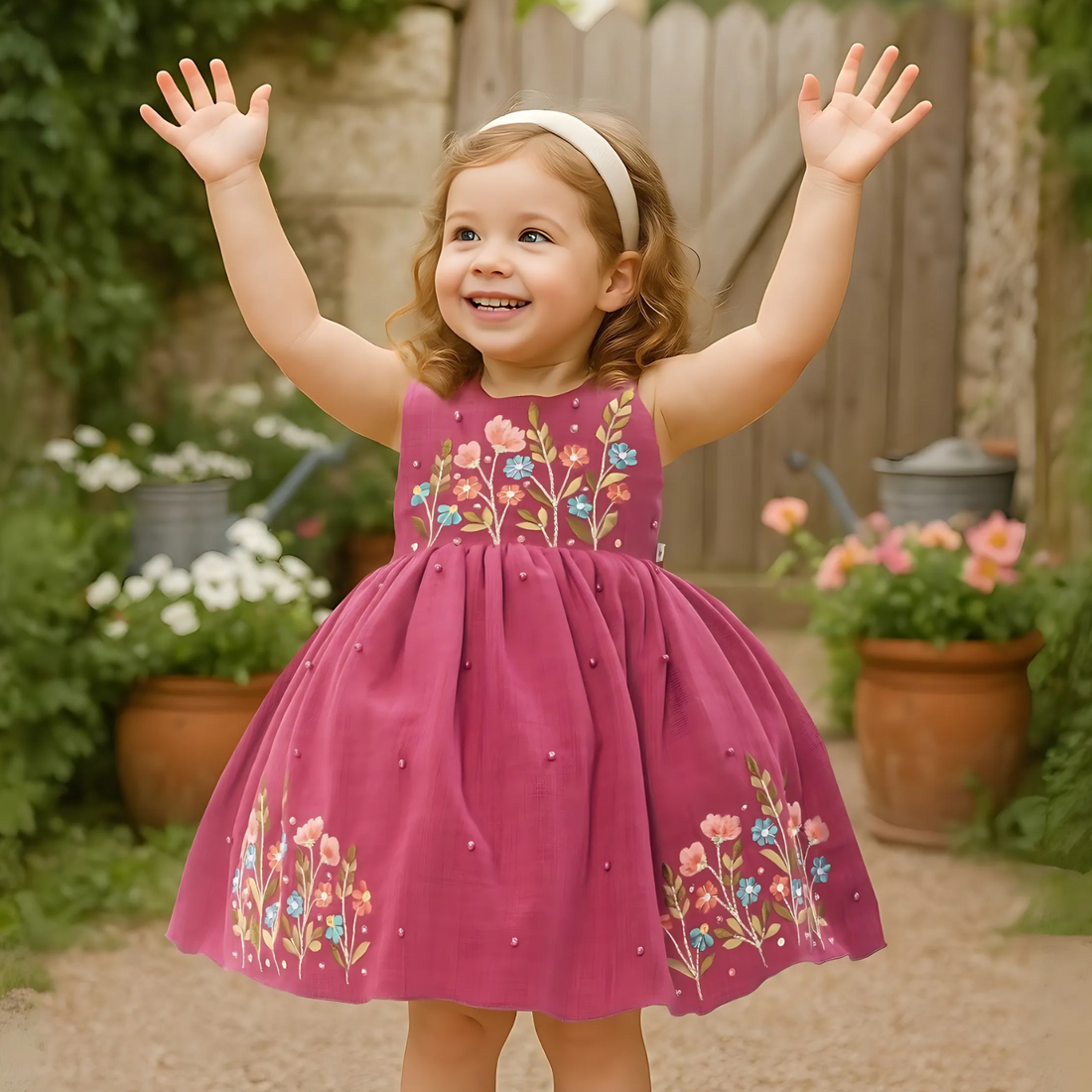 Wine Frock With Elegant Floral Embroidery For Girls