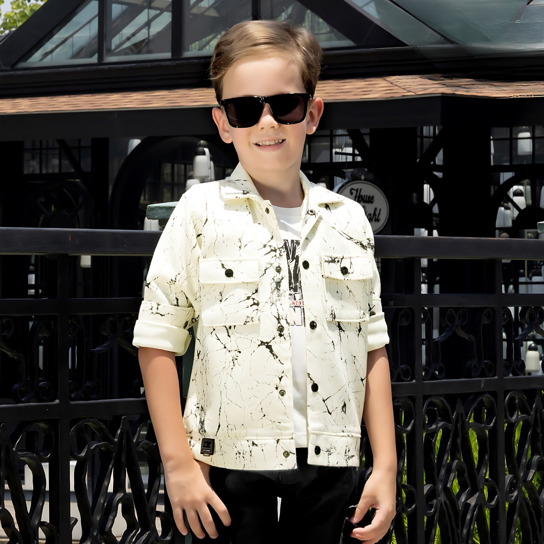 Boys White Printed Full Suit