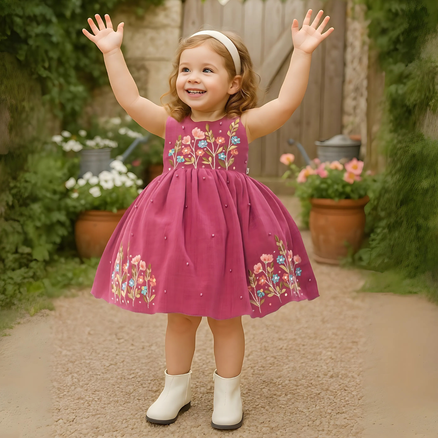 Wine Frock With Elegant Floral Embroidery For Girls