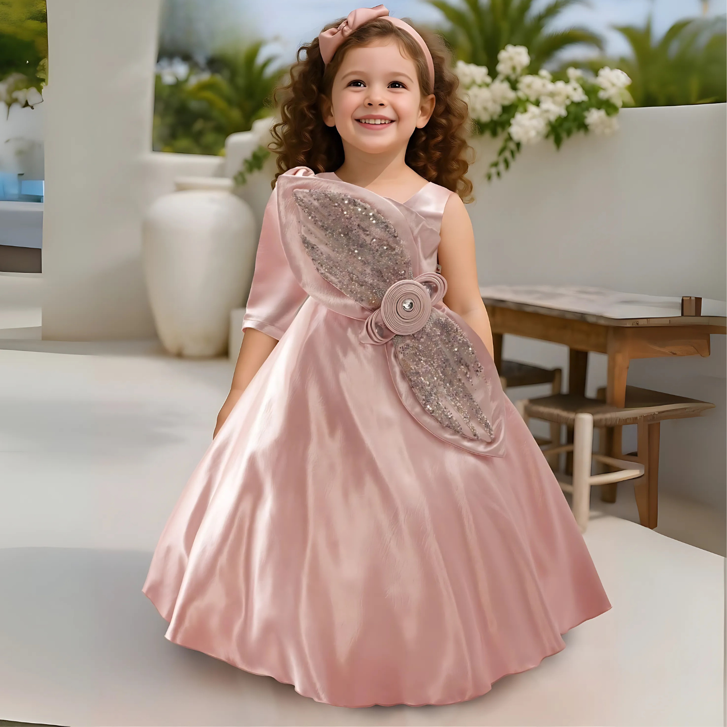 PEACH Floral Designed Party Gown For Girls