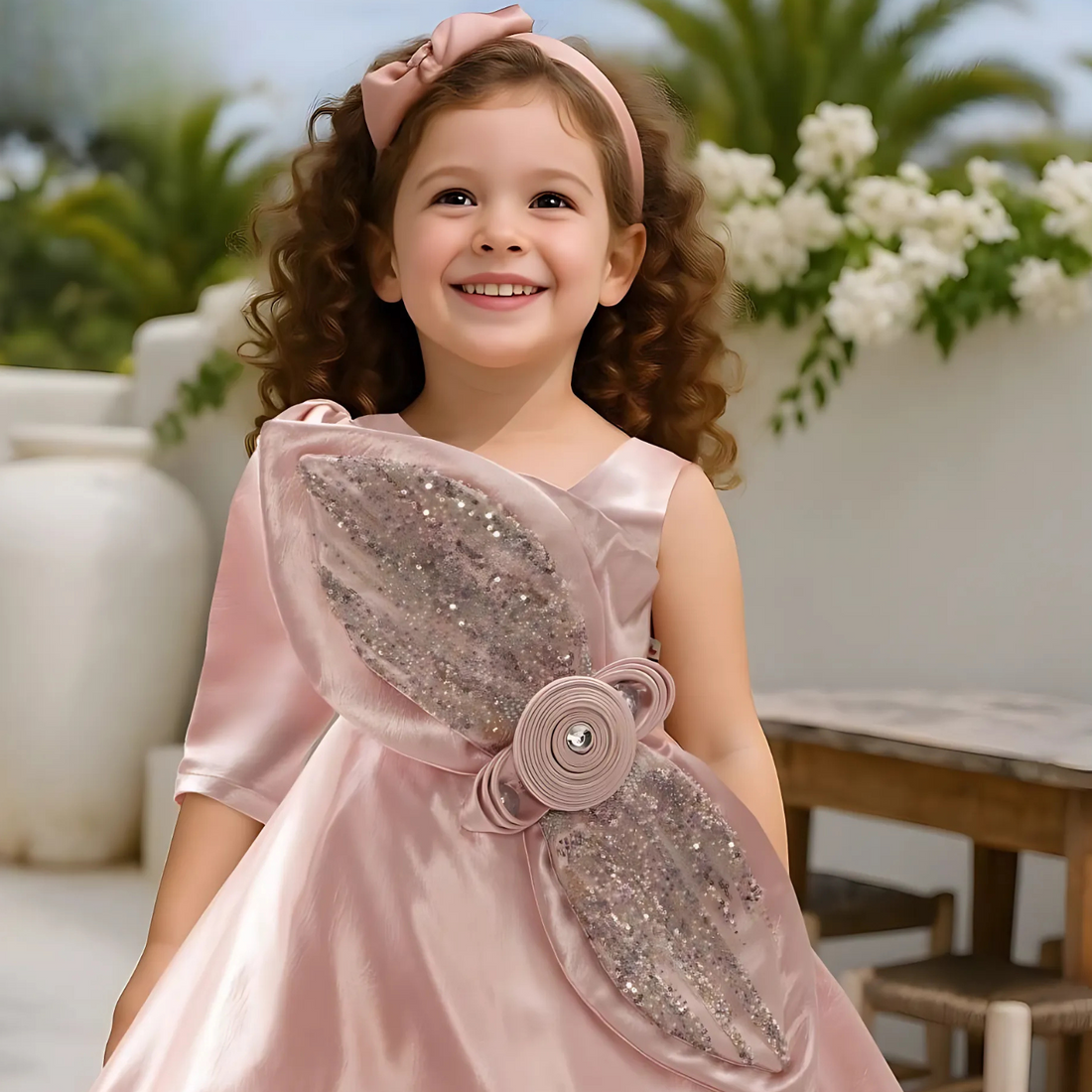 PEACH Floral Designed Party Gown For Girls