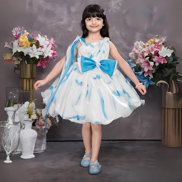 Girls Knee Length Blue Colour Satin Solid Frock