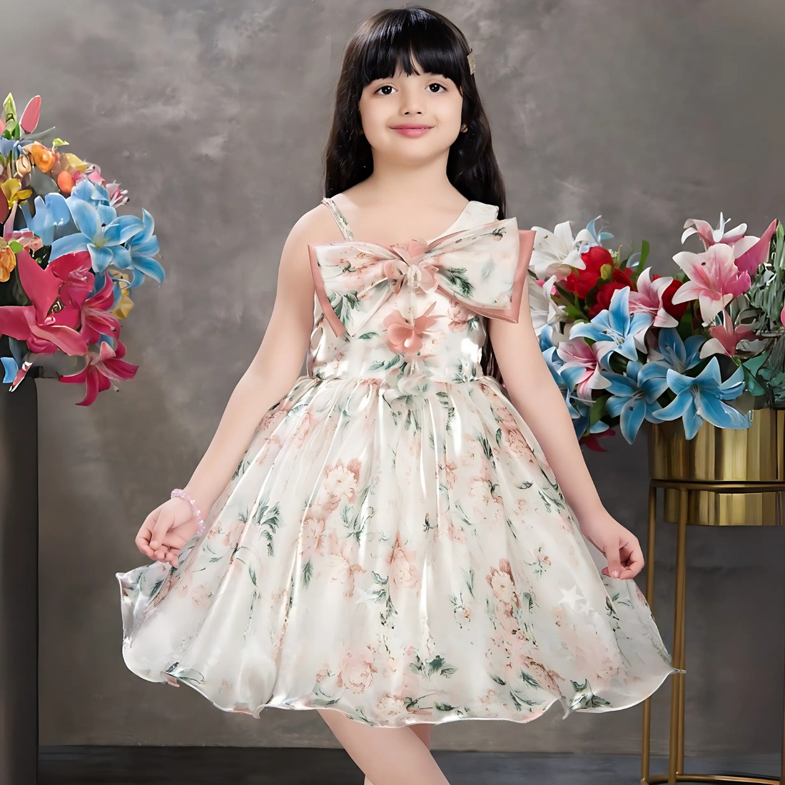 Floral Printed Satin Partywear Frock For Girl