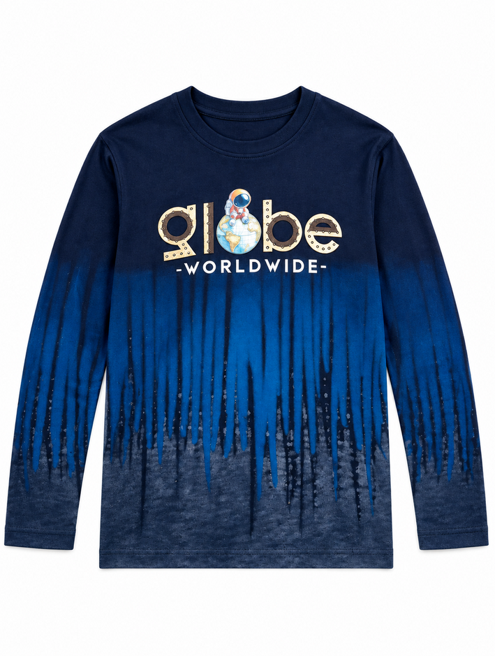 Boys Blue Ombre Globe Print Full Sleeve T-Shirt
