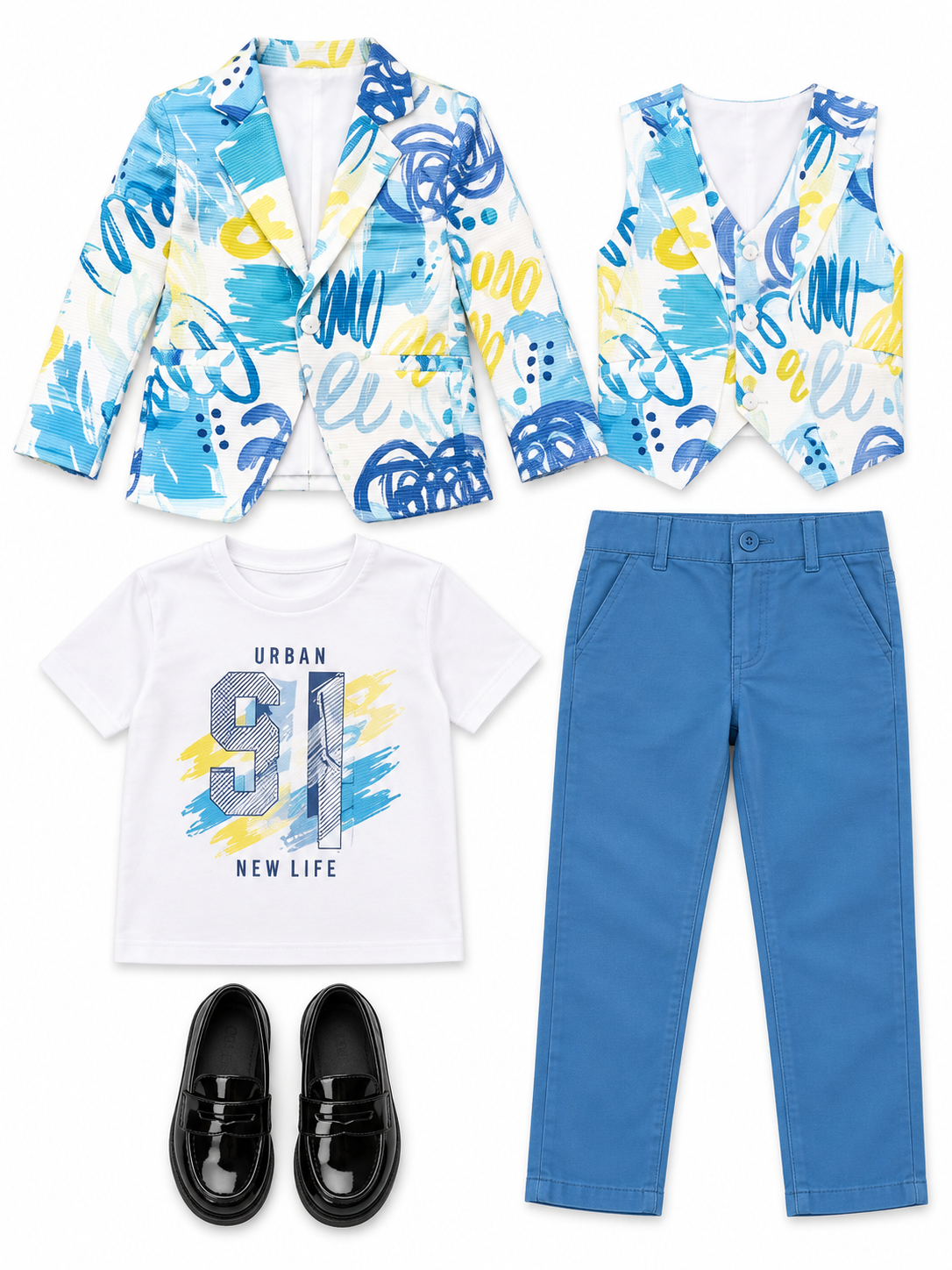 Boys Printed Blazer, Vest, T-shirt and Chino Pants Set