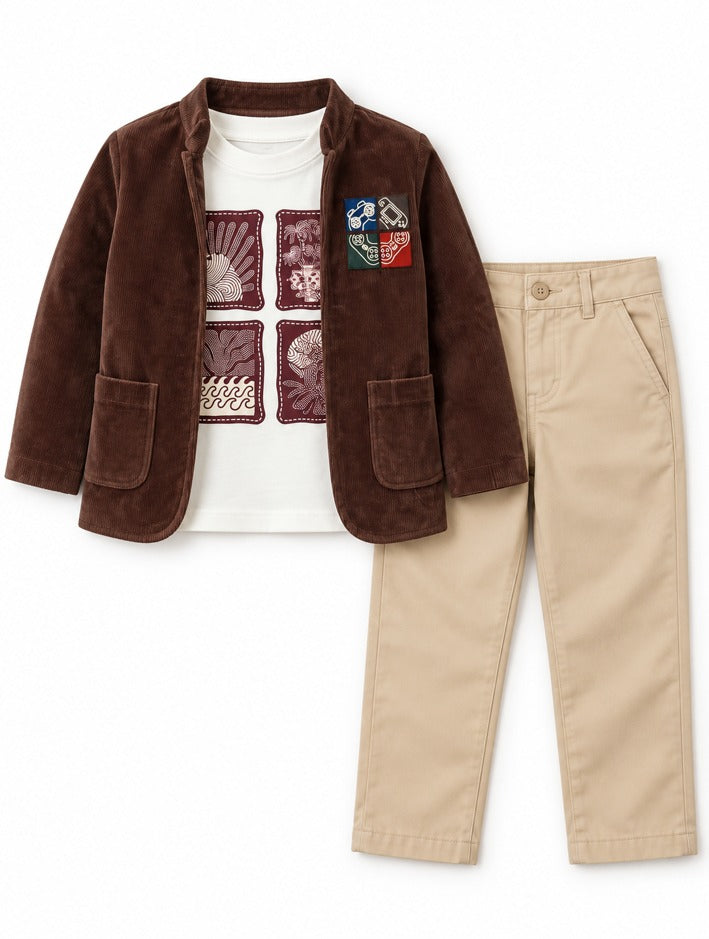 Boys Brown Blazer, T-Shirt and Trousers Set