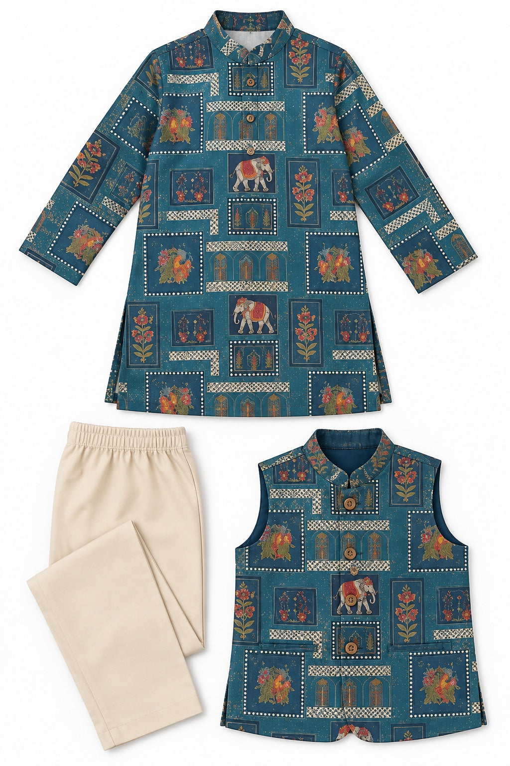 Boys Green Printed Kurta and Cream Pajama Set (Shoes Not Included)
