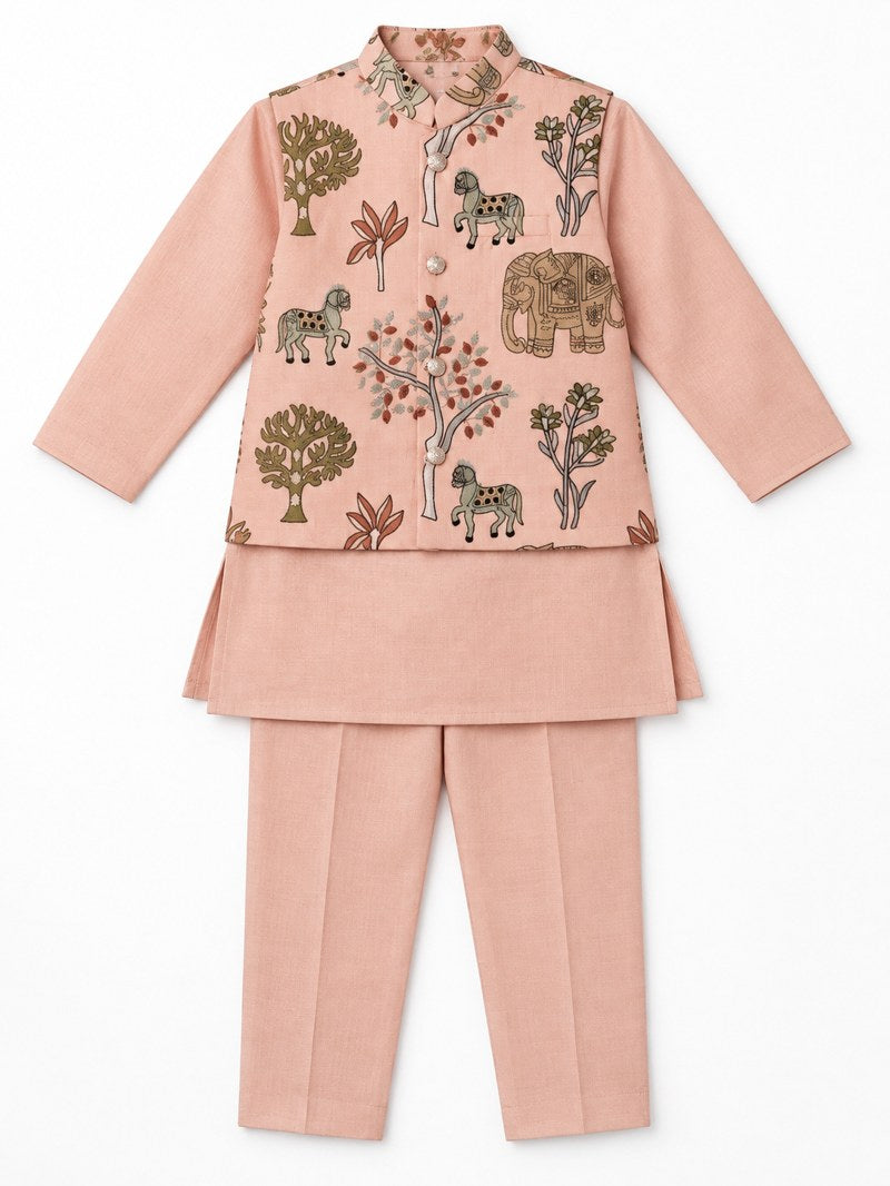 Boys Peach Printed Waistcoat, Kurta and Trouser Set