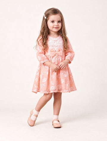 Girls Peach Floral Frock with Crochet Yoke