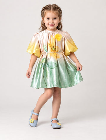Girls Mustard Yellow Sunflower Satin Frock with Puff Sleeves