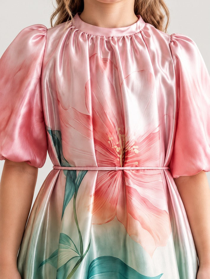 Girls Pink Floral Print Satin Frock