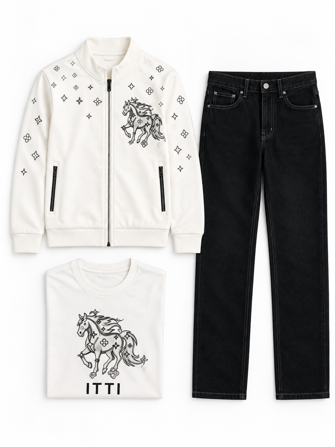 Boys White Printed Jacket, T-Shirt and Jeans Set