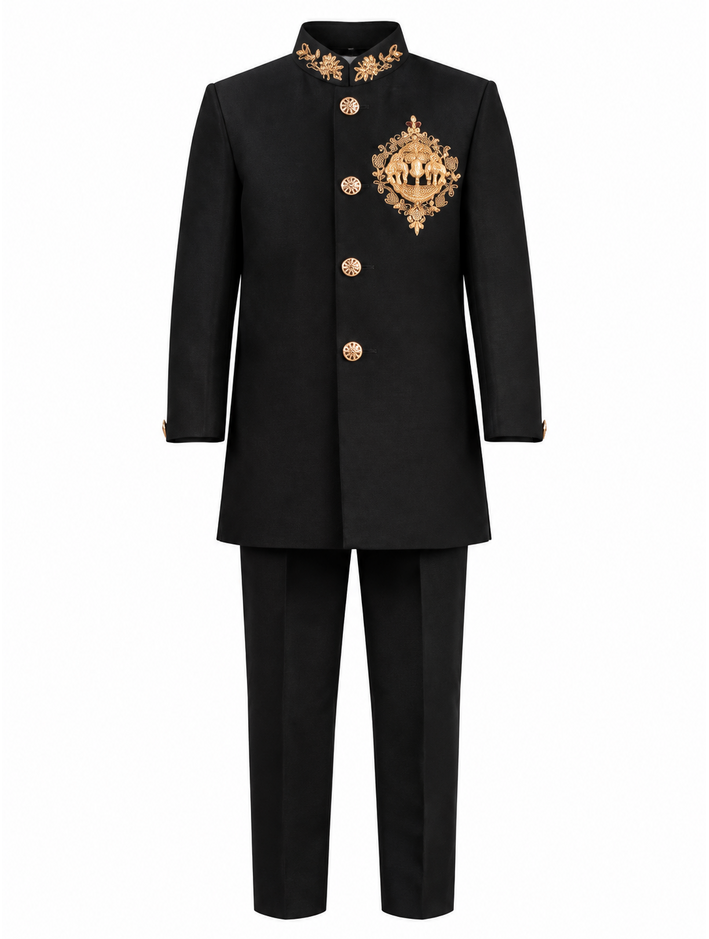 Boys Black Embroidered Bandhgala Jacket and Trouser Set