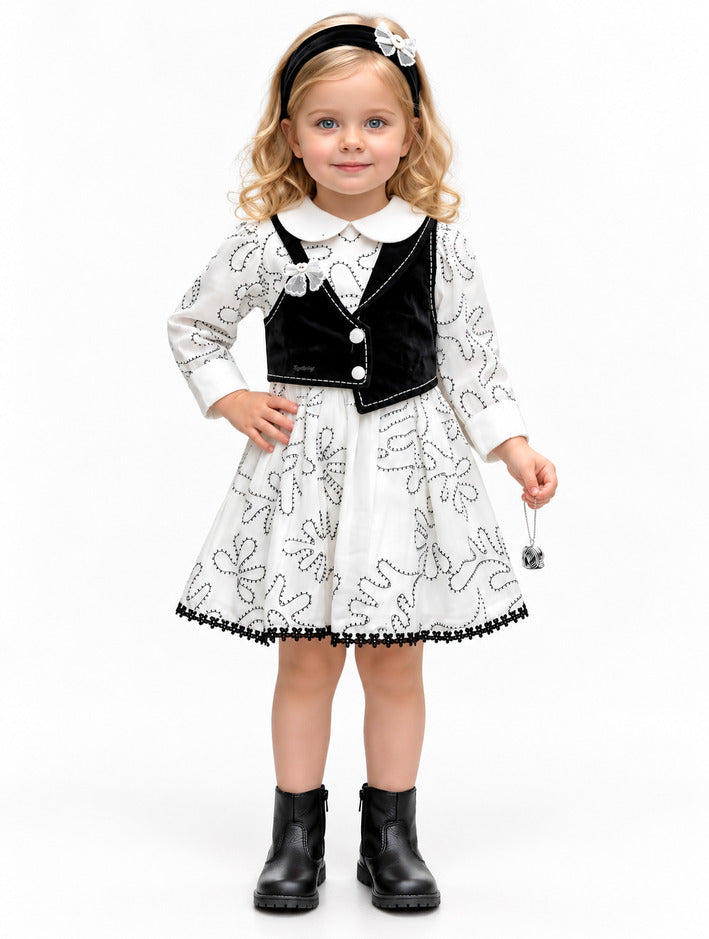 Girls White Embroidered Frock with Black Waistcoat