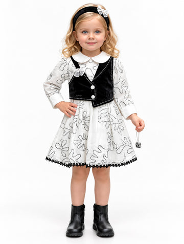 Girls White Embroidered Frock with Black Waistcoat