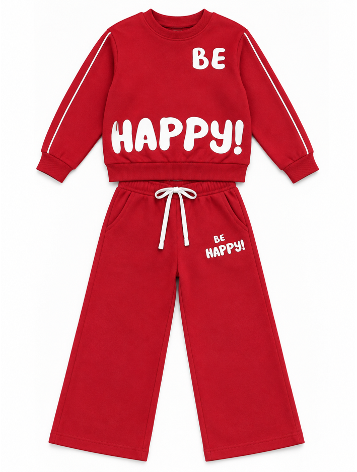 Girls Maroon Be Happy Sweatshirt and Wide-Leg Pants Set (Shoes Not Included)