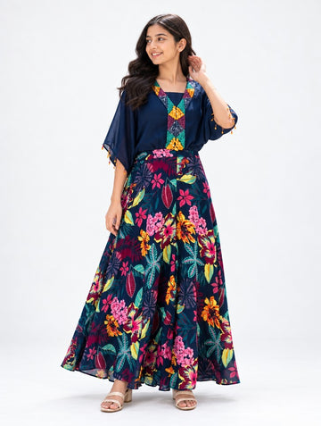 Girls Navy Kaftan Top with Tropical Floral Print Palazzo Set