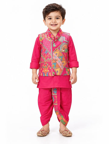 Boys Pink Kurta and Dhoti Set with Printed Jacket