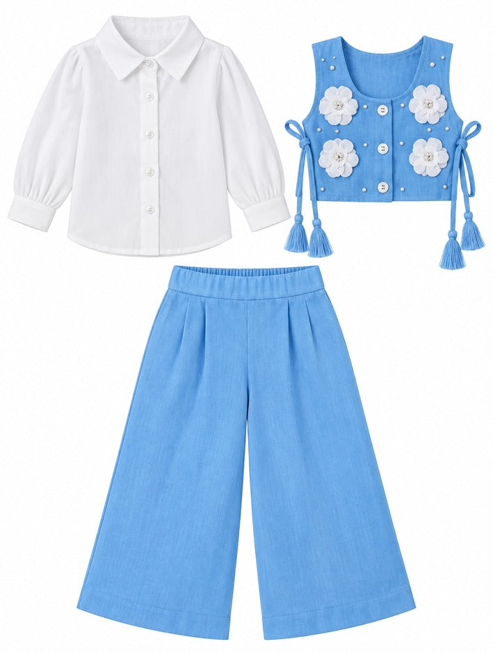 Girls Light Blue Shirt, Embellished Waistcoat and Wide-Leg Pants Set