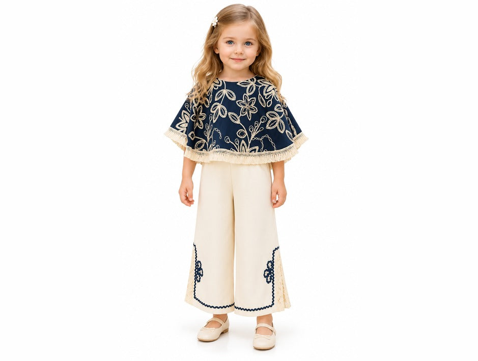 Girls Blue Floral Embroidered Cape Top and Cream Palazzo Pants Set (Shoes Not Included)