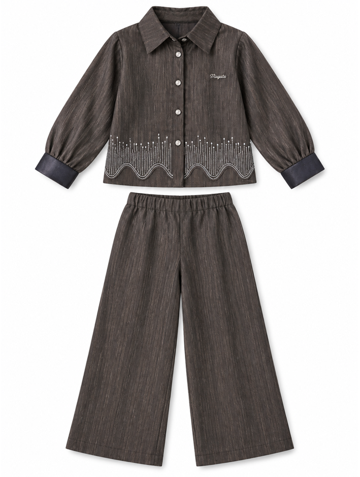 Girls Brown Embellished Shirt and Palazzo Pants Set
