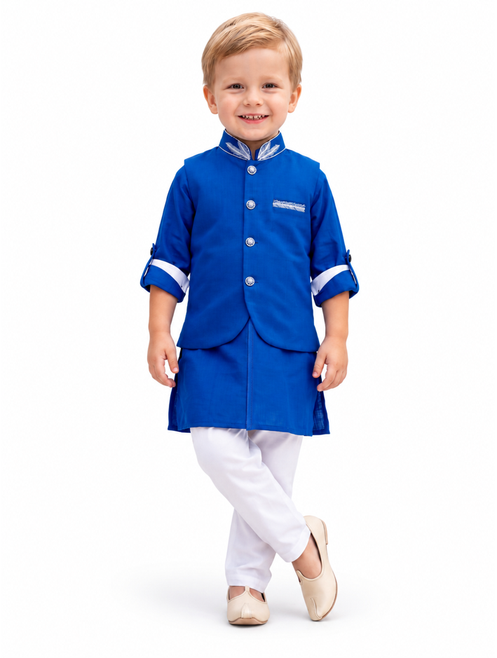 Boys Blue Embroidered Kurta with Attached Waistcoat and White Pajama Set (Shoes Not Included)