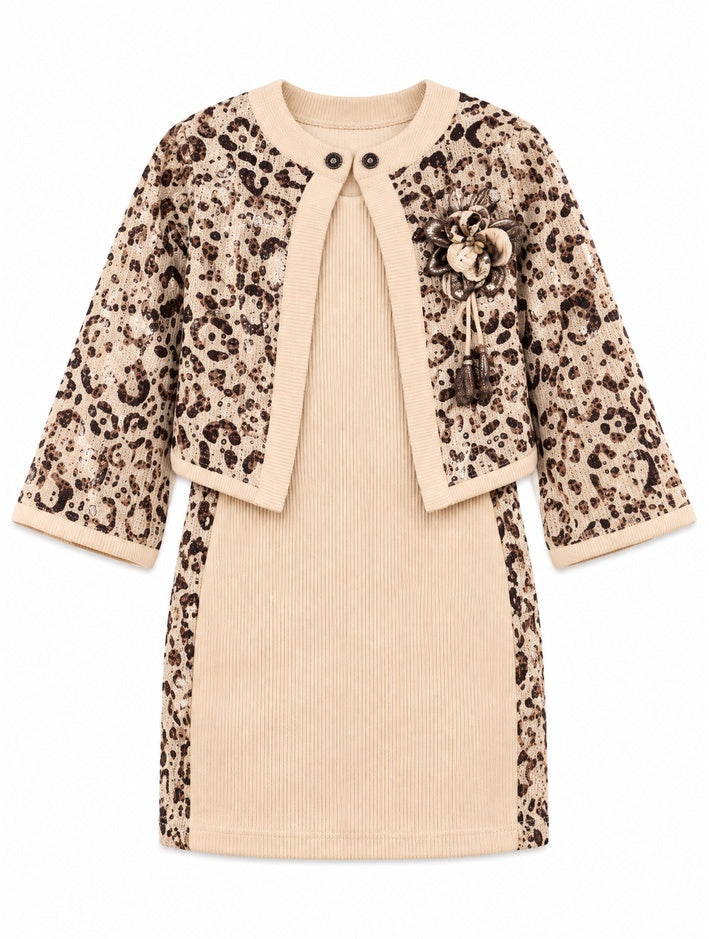 Girls Fawn Ribbed Dress with Animal Print Jacket