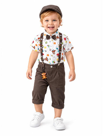 Boys White Cartoon Print Shirt and Brown Shorts Set with Bow Tie and Suspenders (Shoes Not Included)