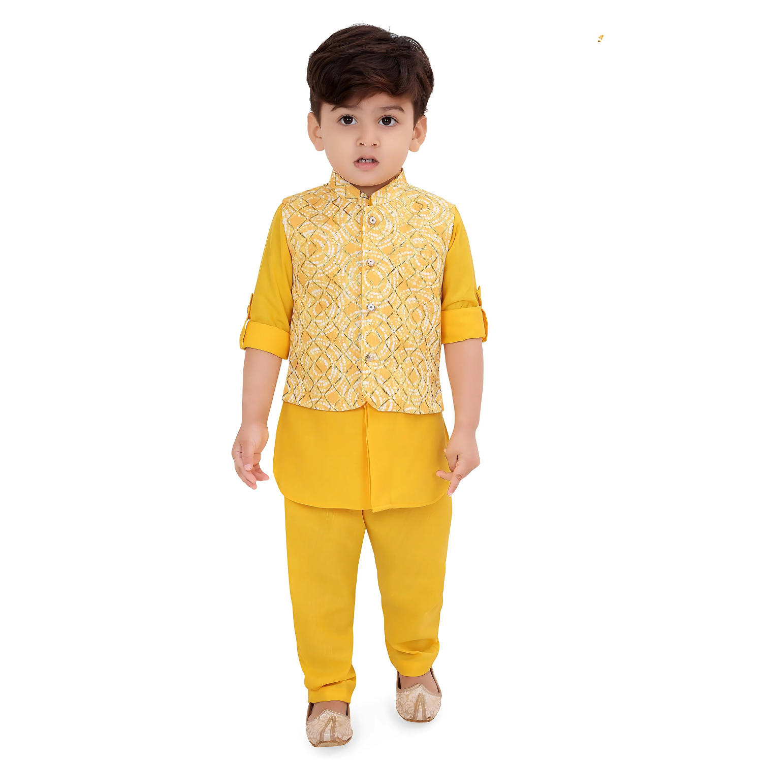 Kids Party Wear Royal Look Yellow Kurta Pajama & Waistcoat