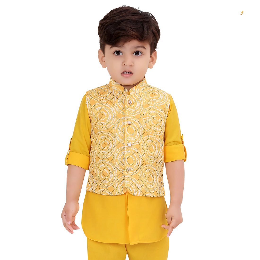 Kids Party Wear Royal Look Yellow Kurta Pajama & Waistcoat