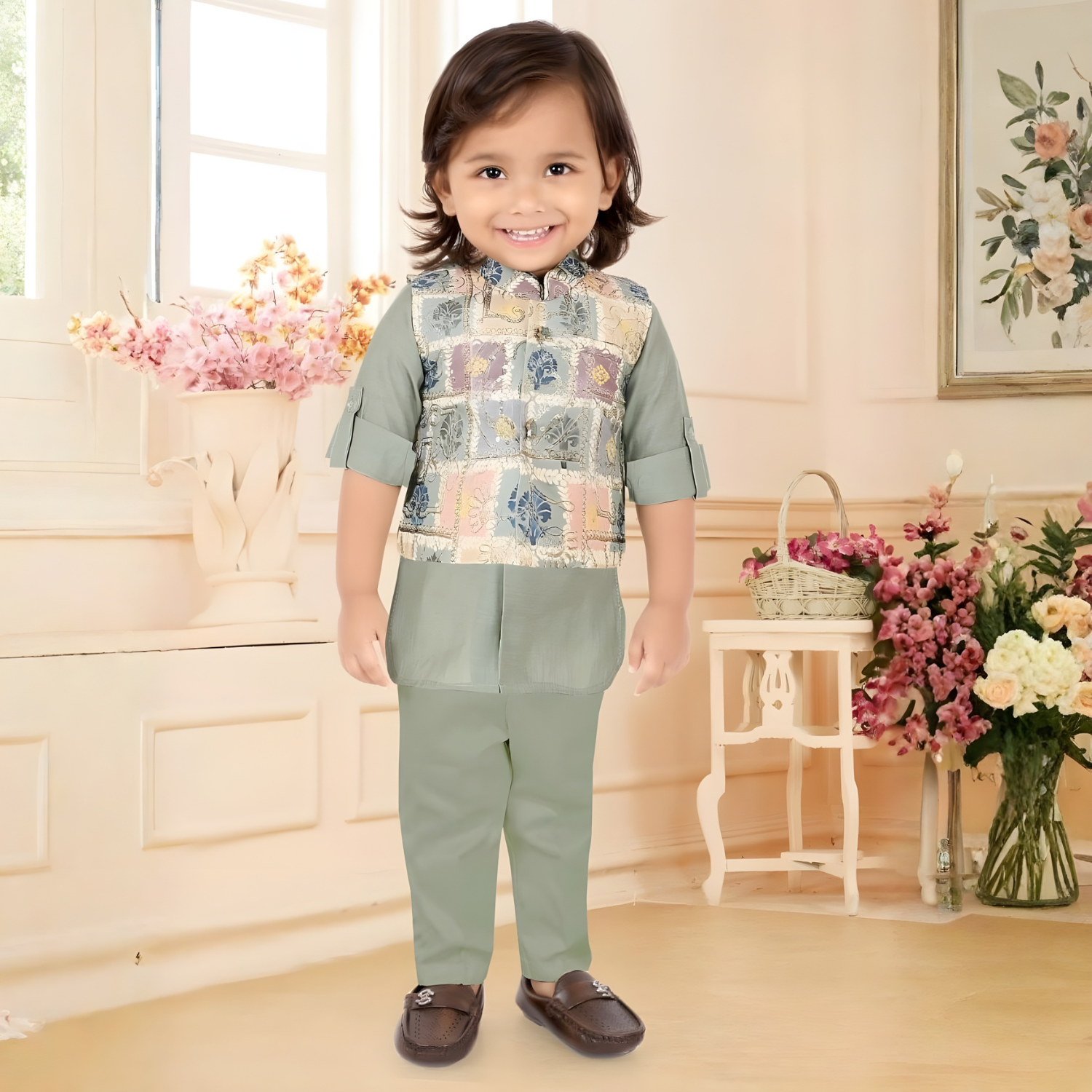 Boys Ethnic Green Kurta & Pajama With Jacket
