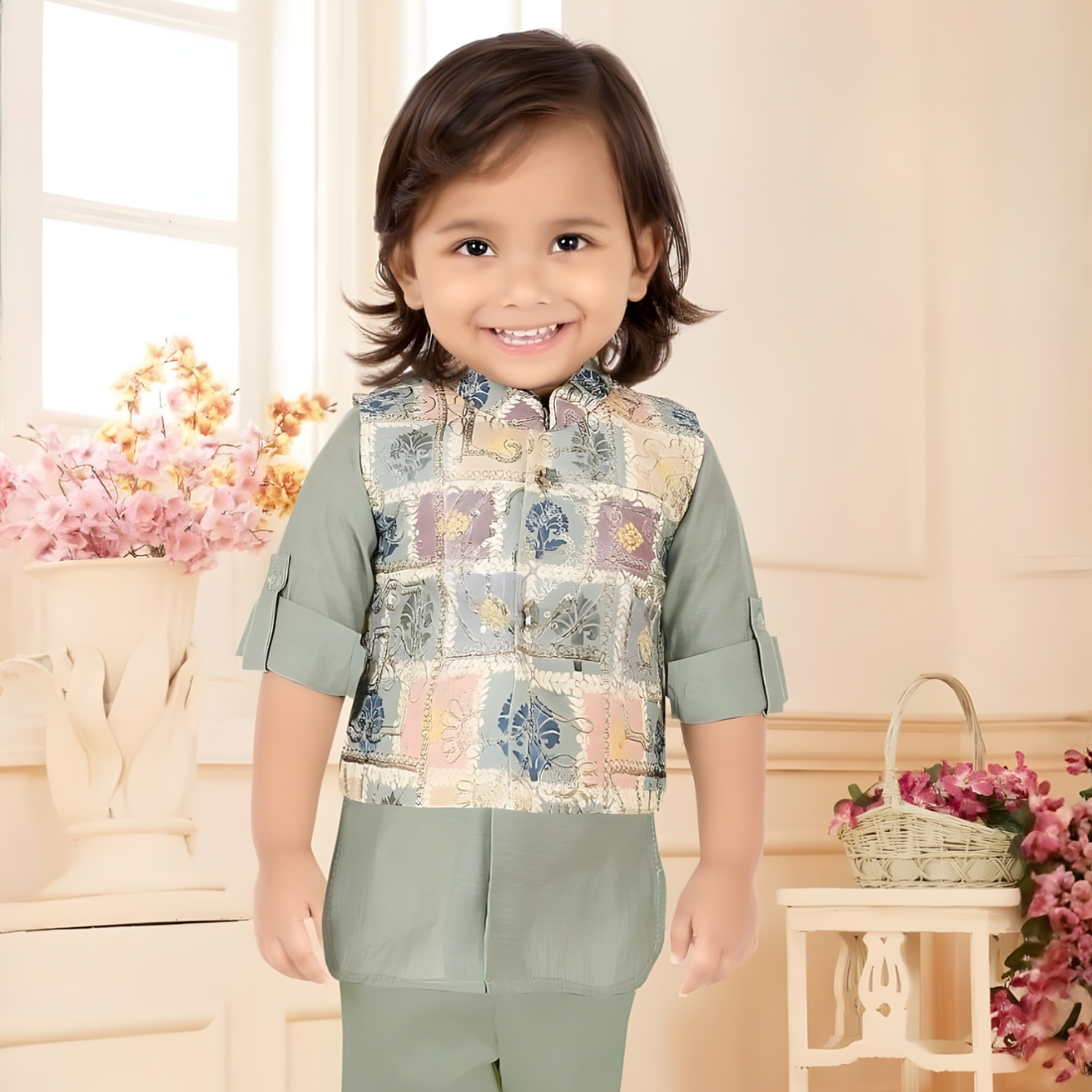 Boys Ethnic Green Kurta & Pajama With Jacket