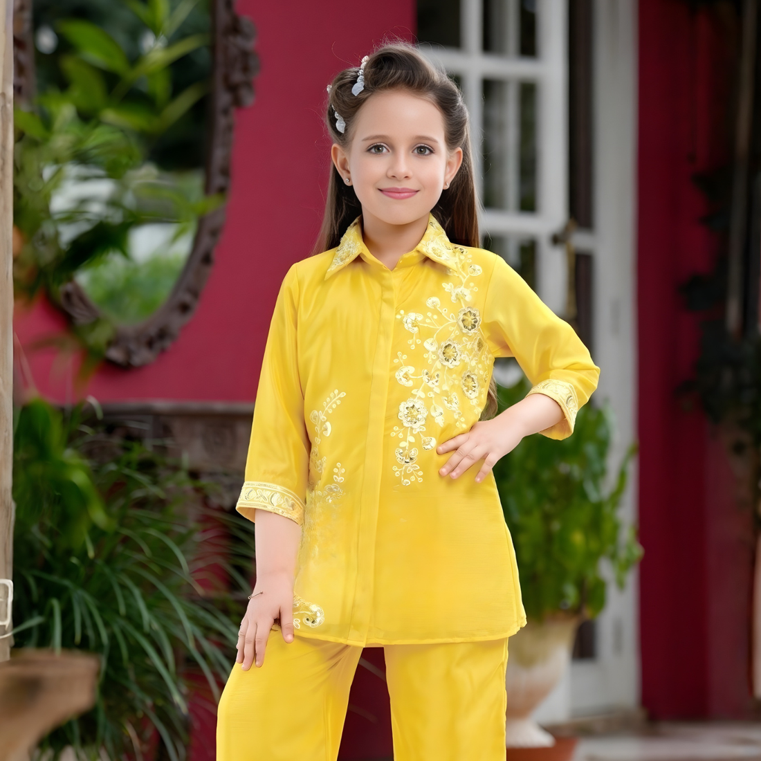 Girls Ethnic Embroidered Kurta with Pant Set