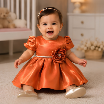 Orange Puff Sleeve Party FROCK With Oversized Rosette For Girls