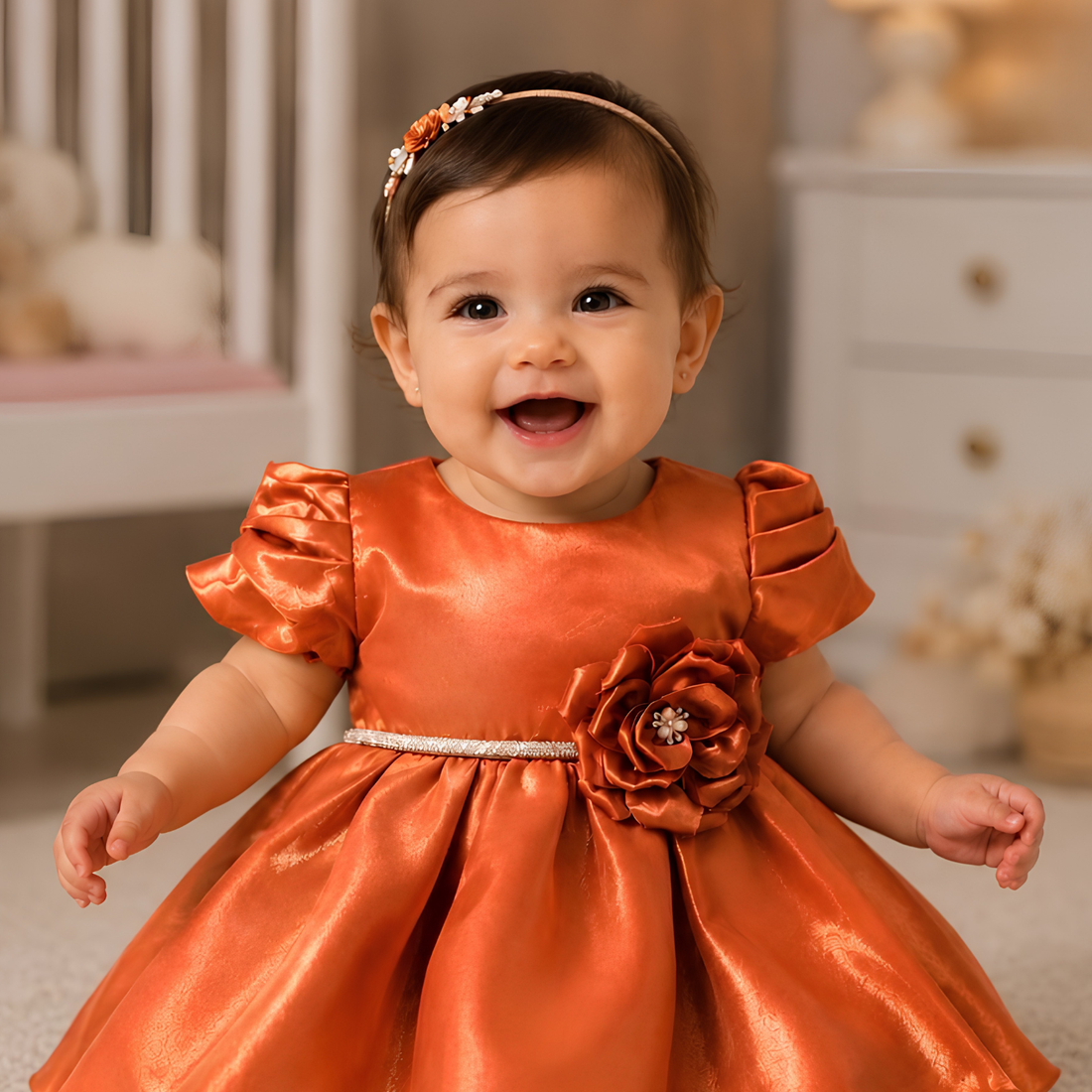 Orange Puff Sleeve Party FROCK With Oversized Rosette For Girls