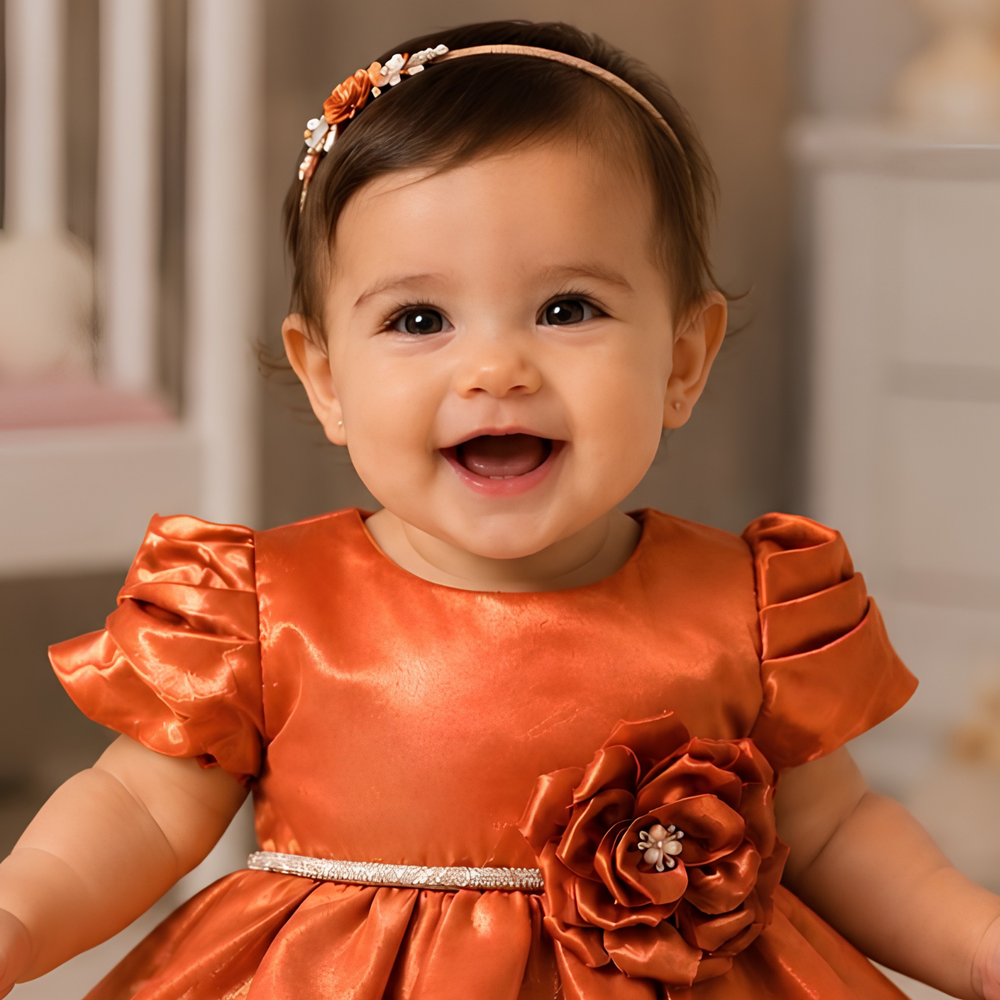 Orange Puff Sleeve Party FROCK With Oversized Rosette For Girls