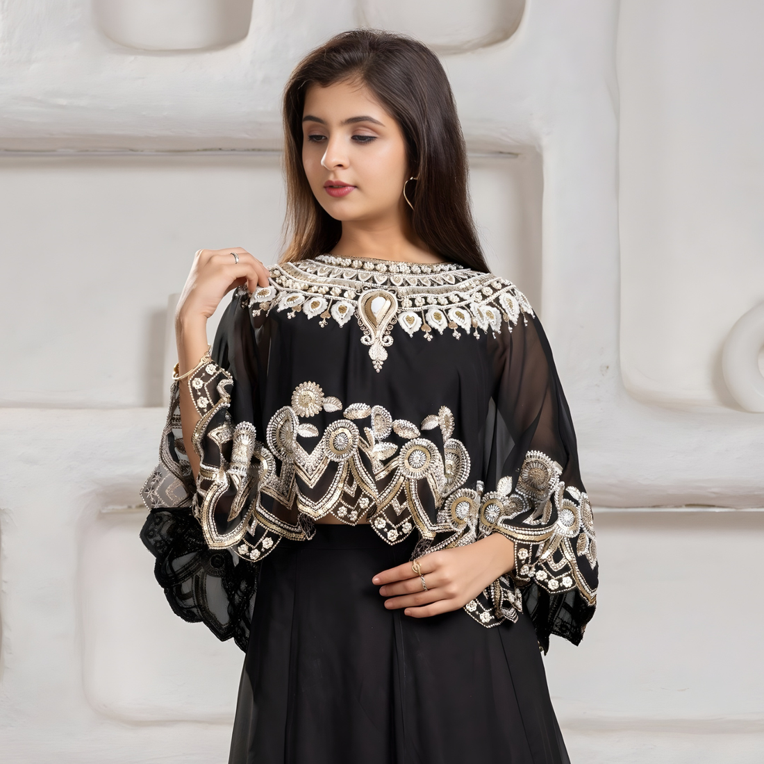 Black Georgette Bridal Lehenga Choli with Thread Embroidery