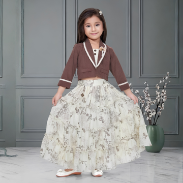 Brown Crop Top With Floral Printed Skirt For Girls
