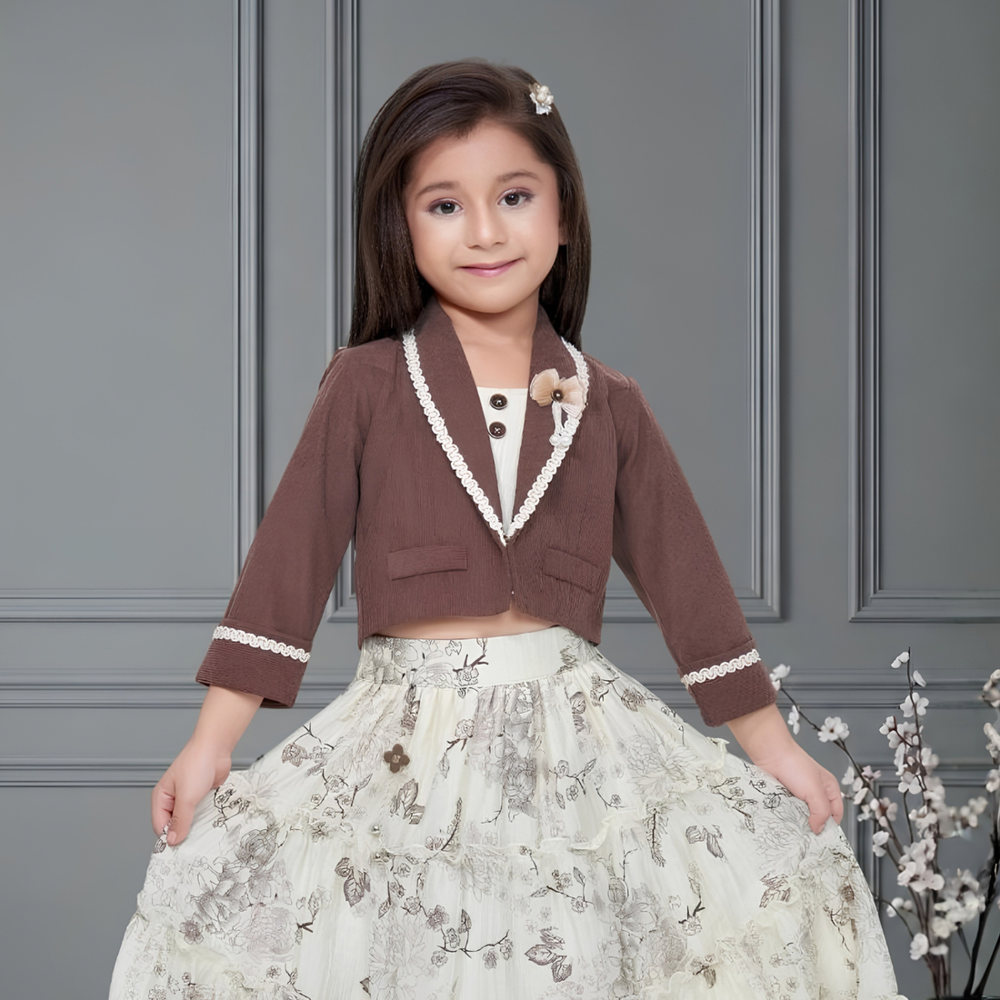 Brown Crop Top With Floral Printed Skirt For Girls