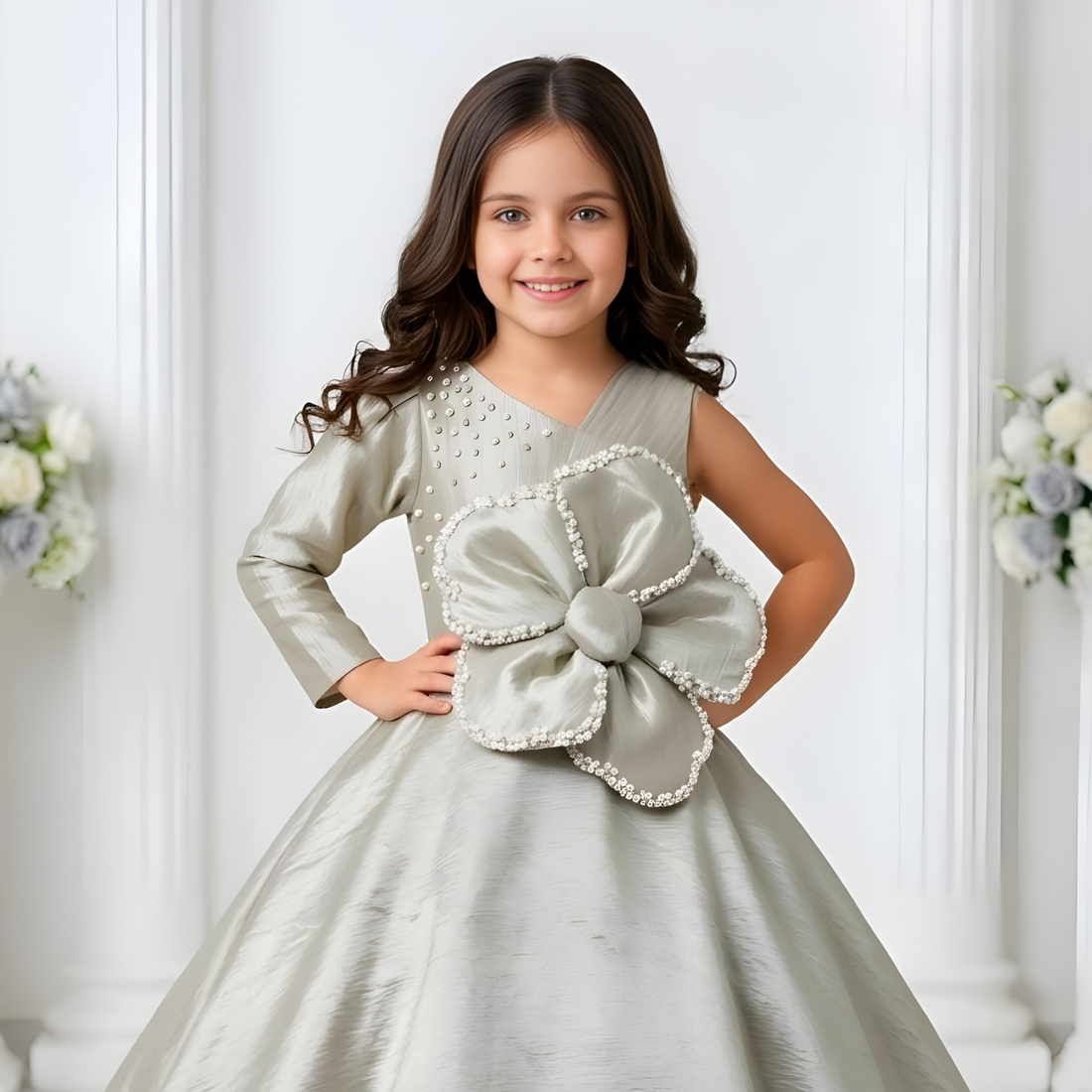 Girls Contrast Sequin Bow Front Party Gown