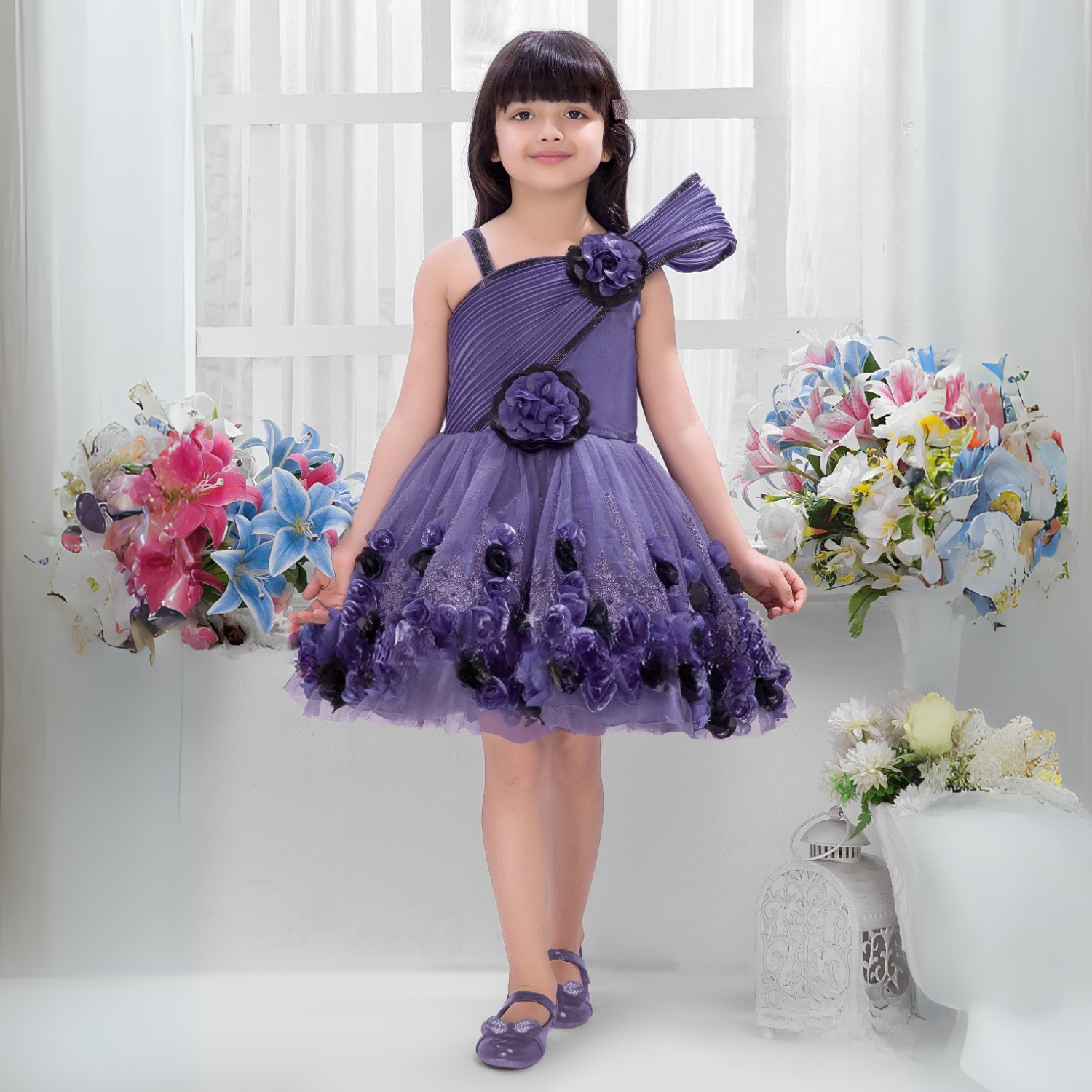 Girls Trendy purple Color Net Frock For Birthday Festive Wedding