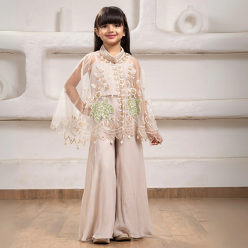 Cape Style Palazzo Set With Sequin Floral Embroidery For Girls