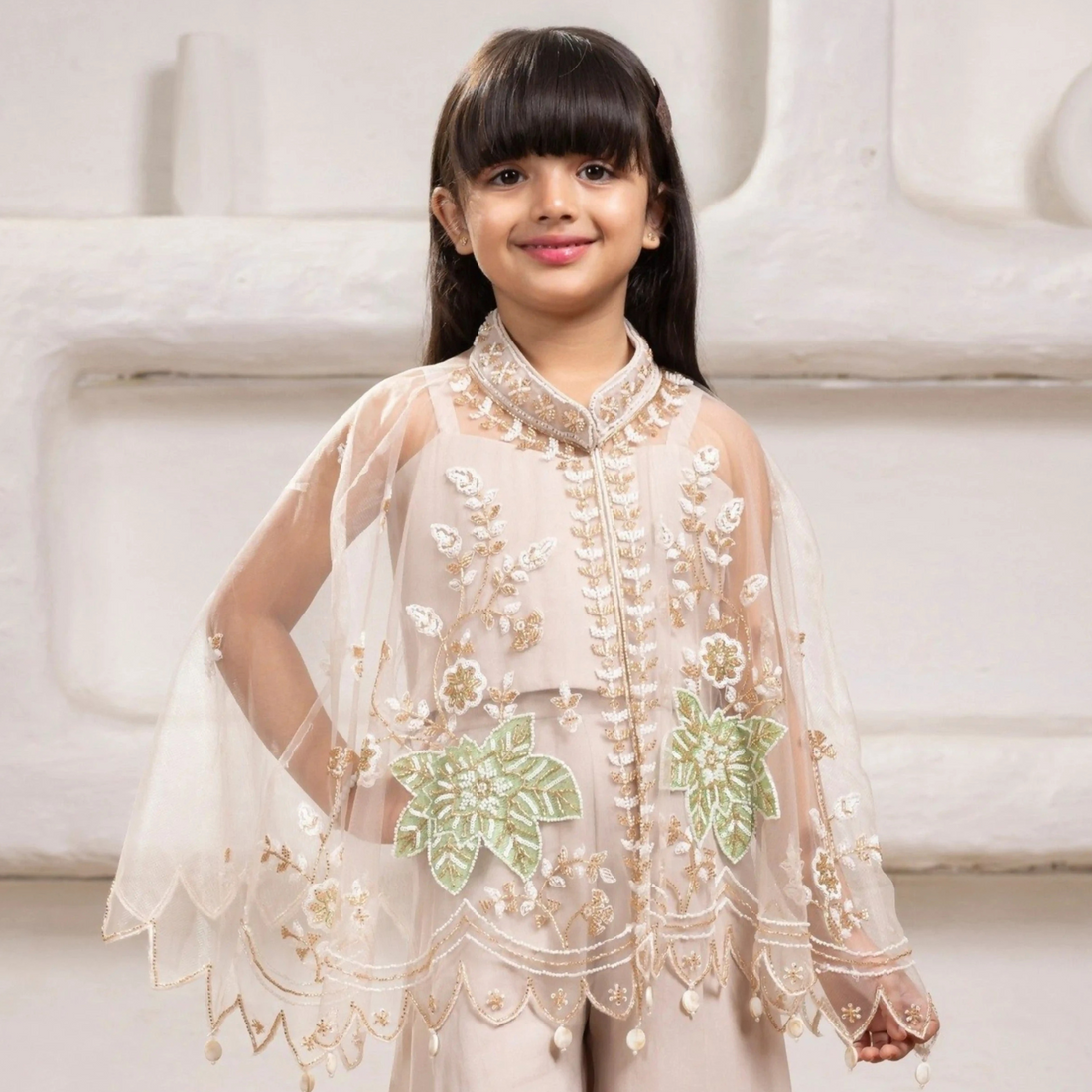 Cape Style Palazzo Set With Sequin Floral Embroidery For Girls