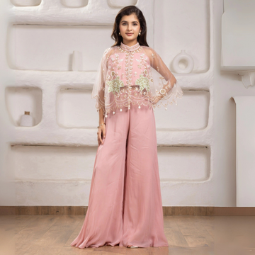 Cape Style Palazzo Set With Sequin Floral Embroidery For Girls